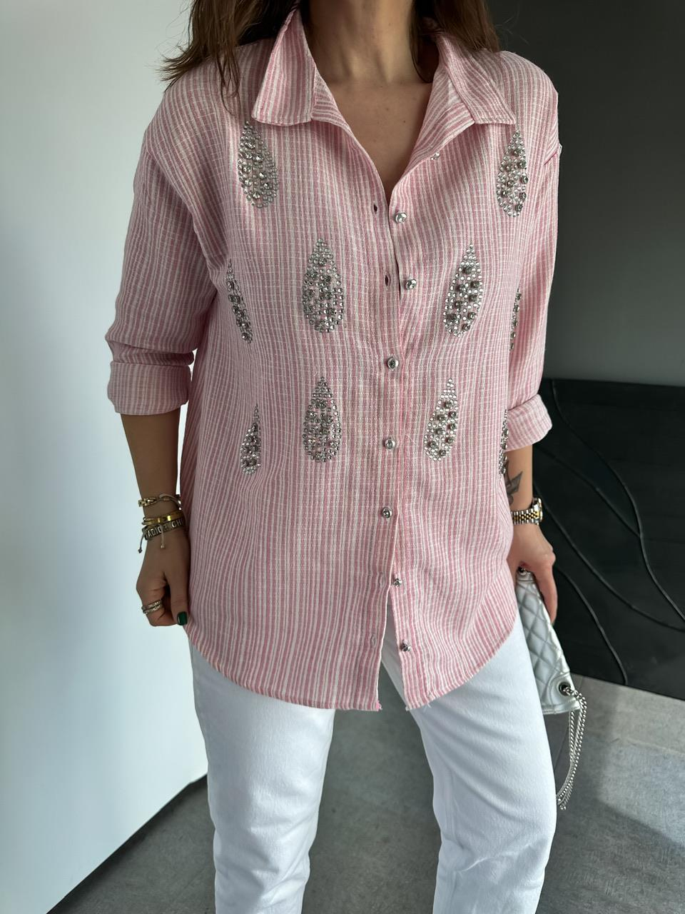 Pembe Çizgili Taşlı Keten Gömlek