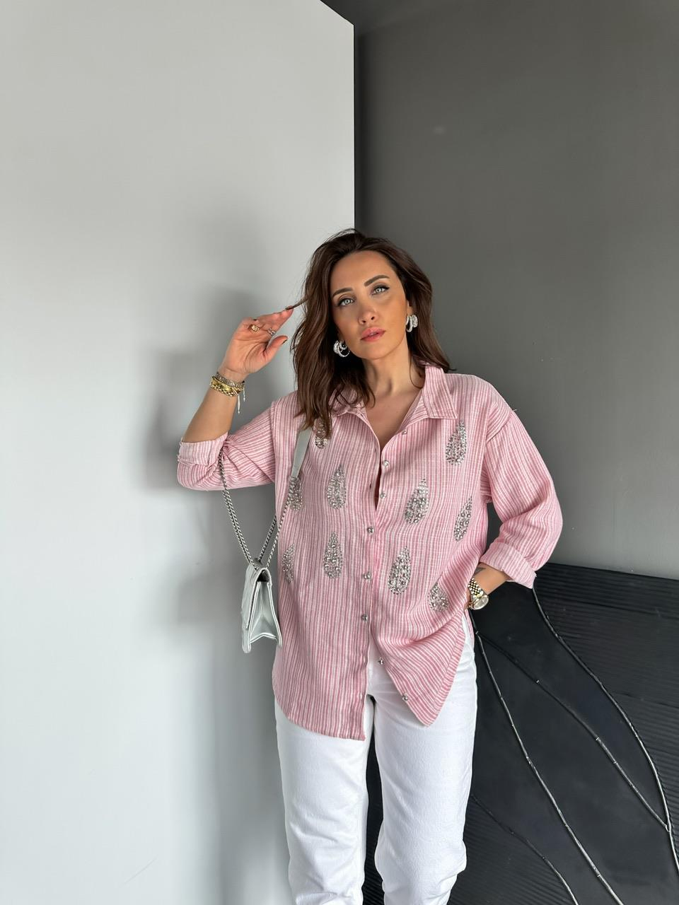 Pembe Çizgili Taşlı Keten Gömlek