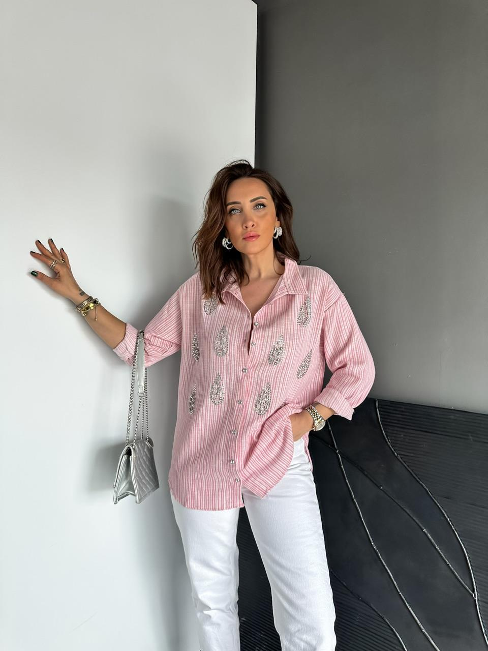 Pembe Çizgili Taşlı Keten Gömlek