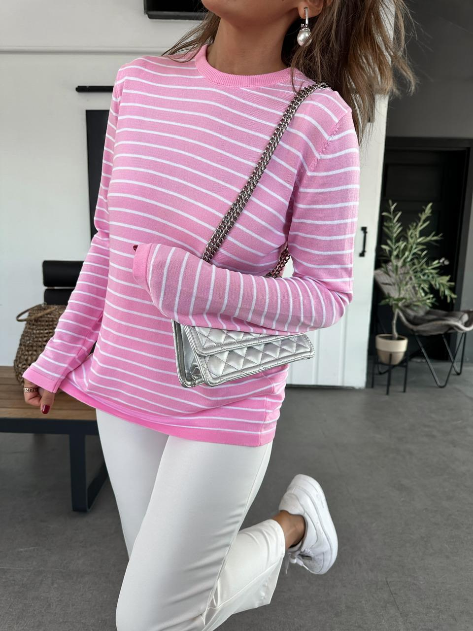 Pembe Çizgili Uzun Kollu İnce Triko