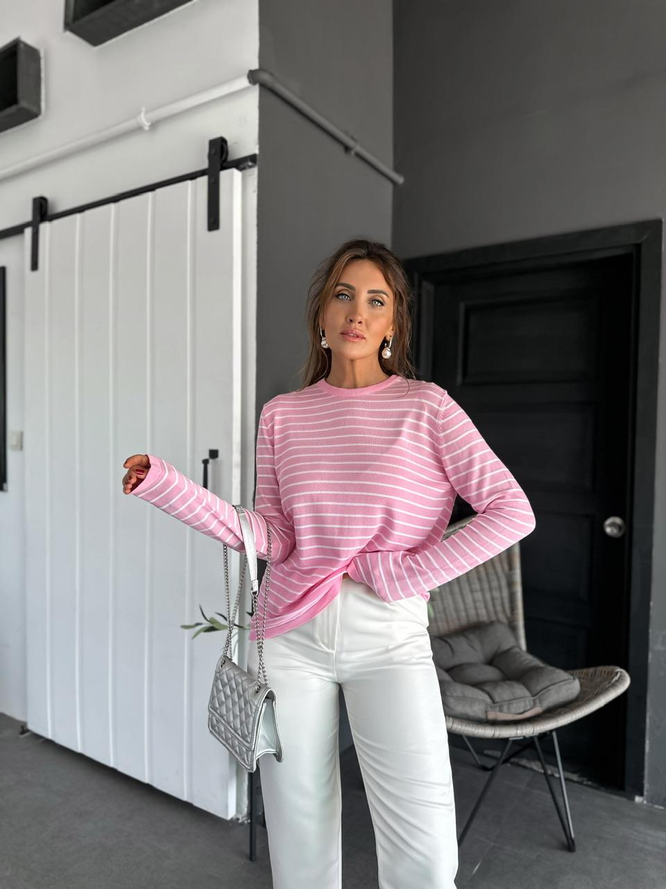 Pembe Çizgili Uzun Kollu İnce Triko