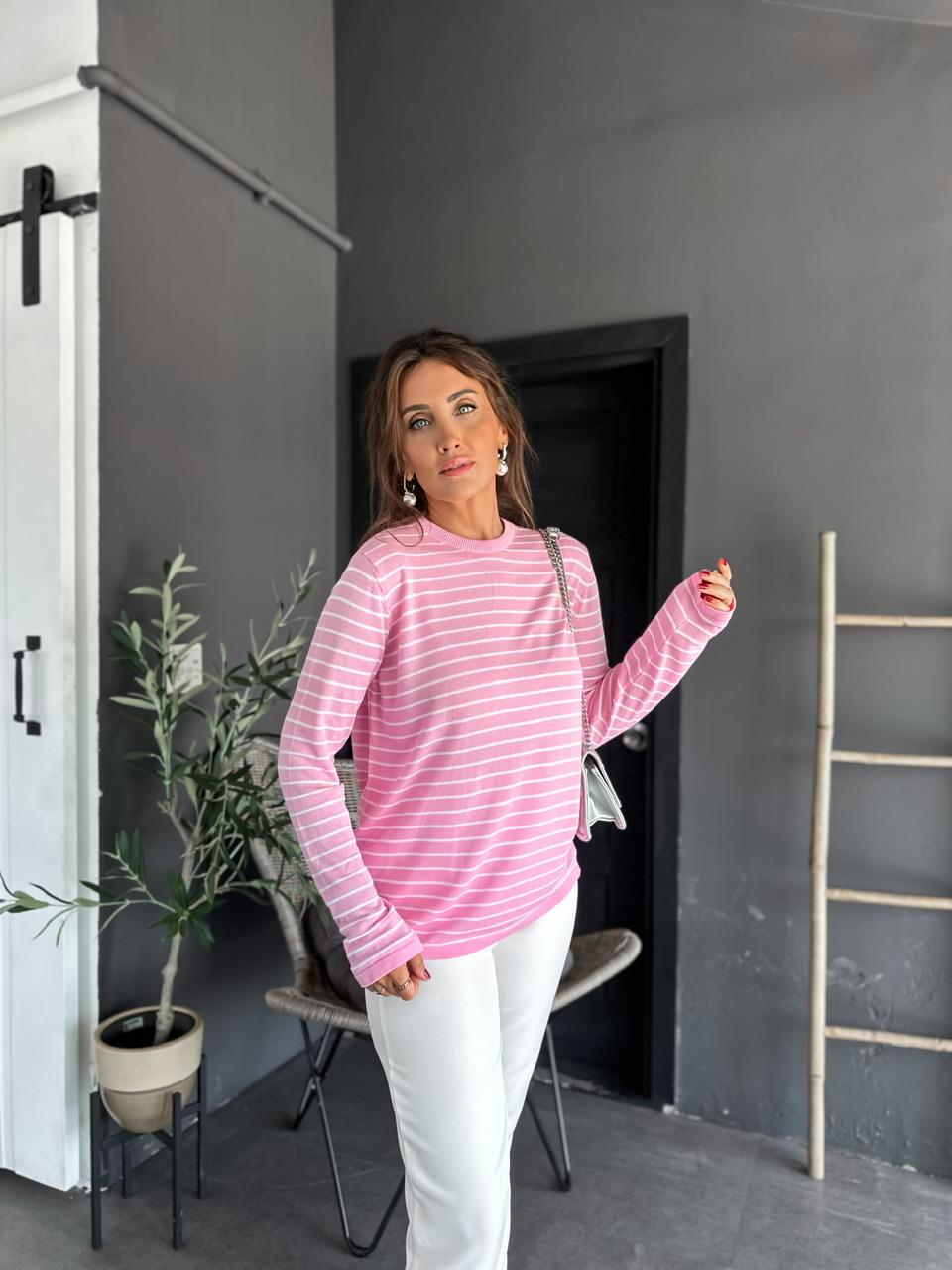 Pembe Çizgili Uzun Kollu İnce Triko