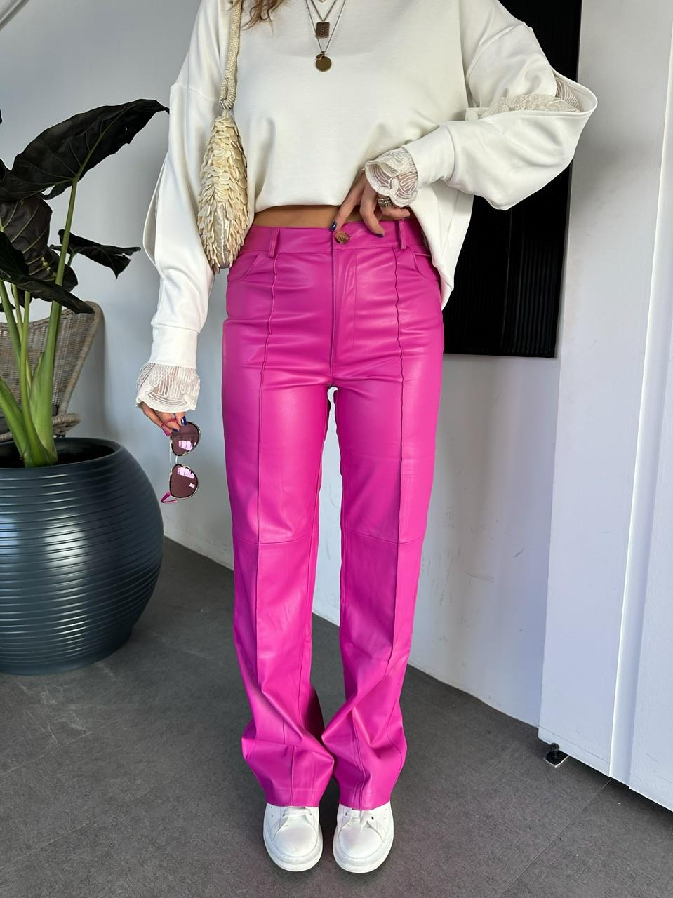 Pembe Dikişli Deri Pantolon