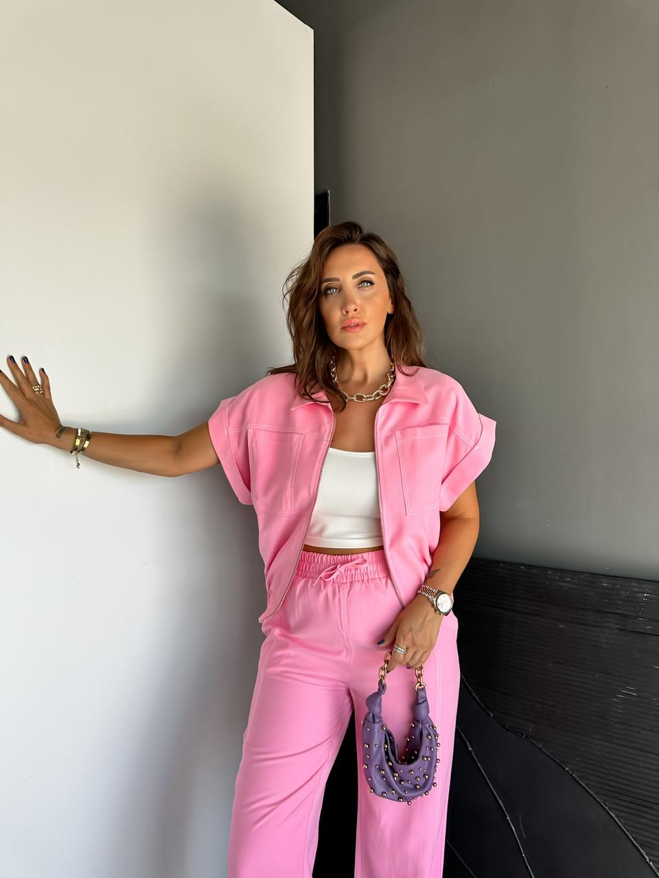 Pembe Dikişli Premium Casual Takım