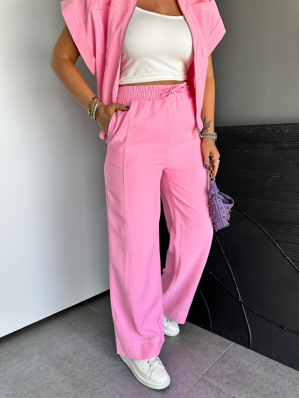 Pembe Dikişli Premium Casual Takım
