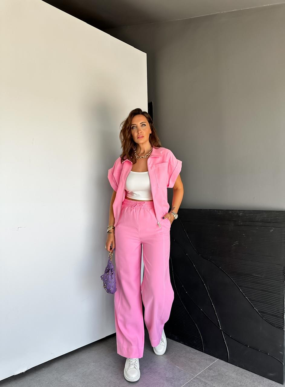 Pembe Dikişli Premium Casual Takım