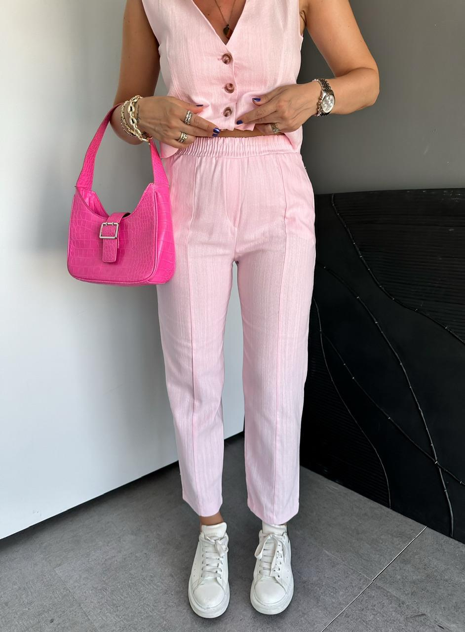 Pembe Dört Düğme Yelekli Keten Takım