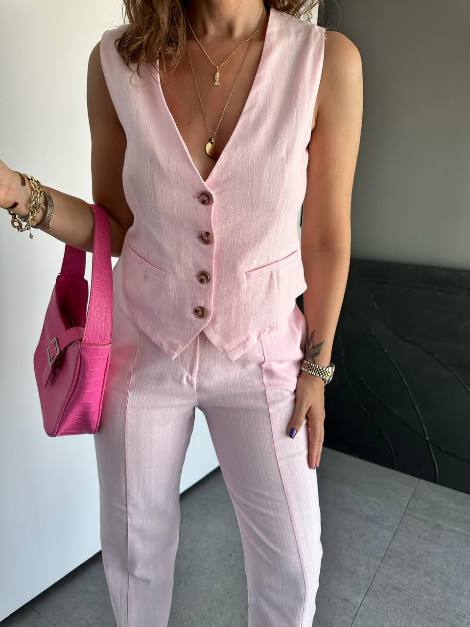 Pembe Dört Düğme Yelekli Keten Takım