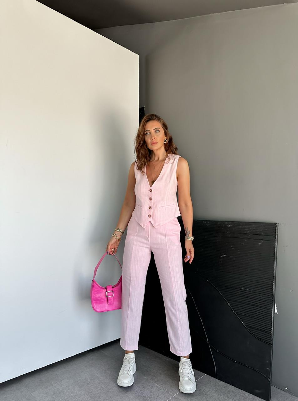 Pembe Dört Düğme Yelekli Keten Takım