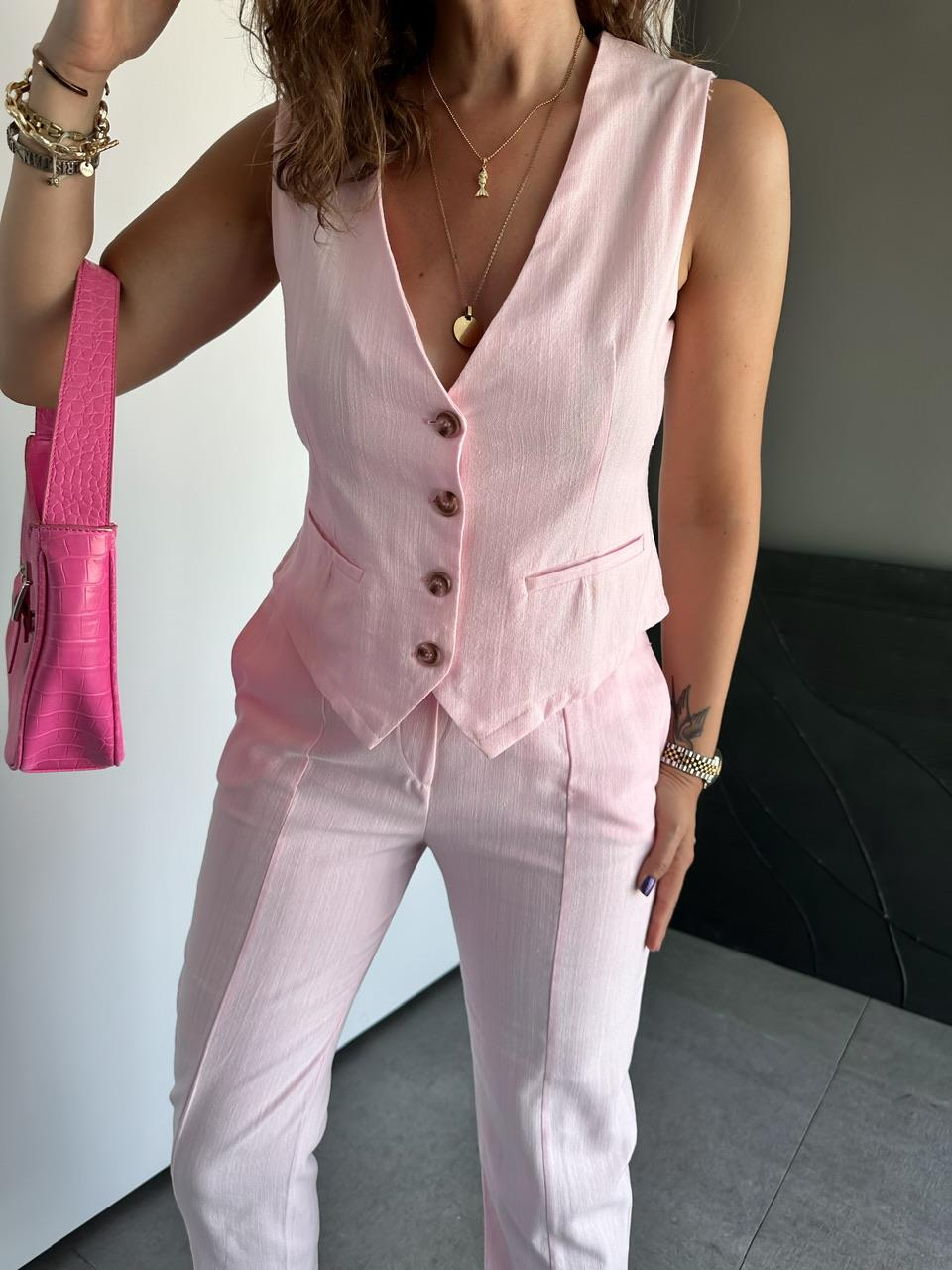 Pembe Dört Düğme Yelekli Keten Takım