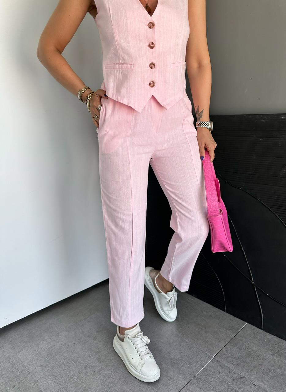 Pembe Dört Düğme Yelekli Keten Takım