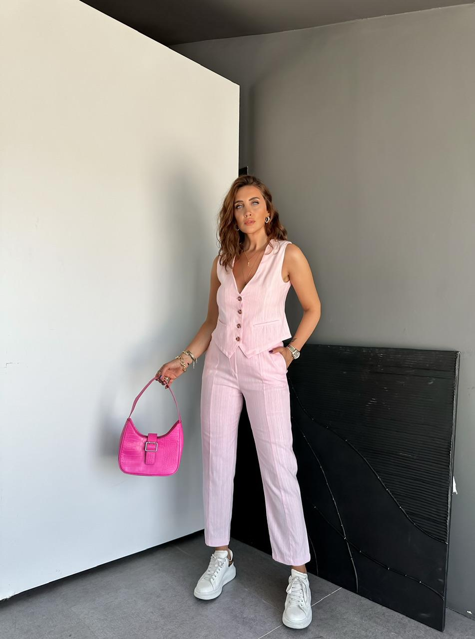 Pembe Dört Düğme Yelekli Keten Takım