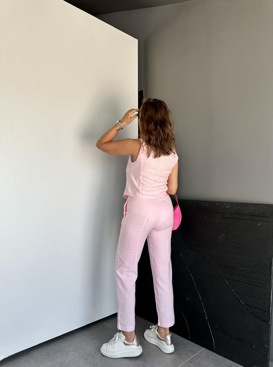 Pembe Dört Düğme Yelekli Keten Takım