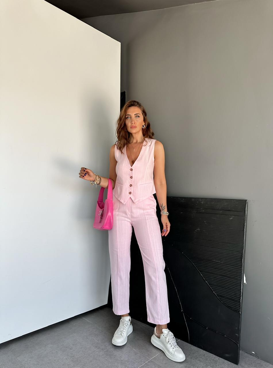 Pembe Dört Düğme Yelekli Keten Takım