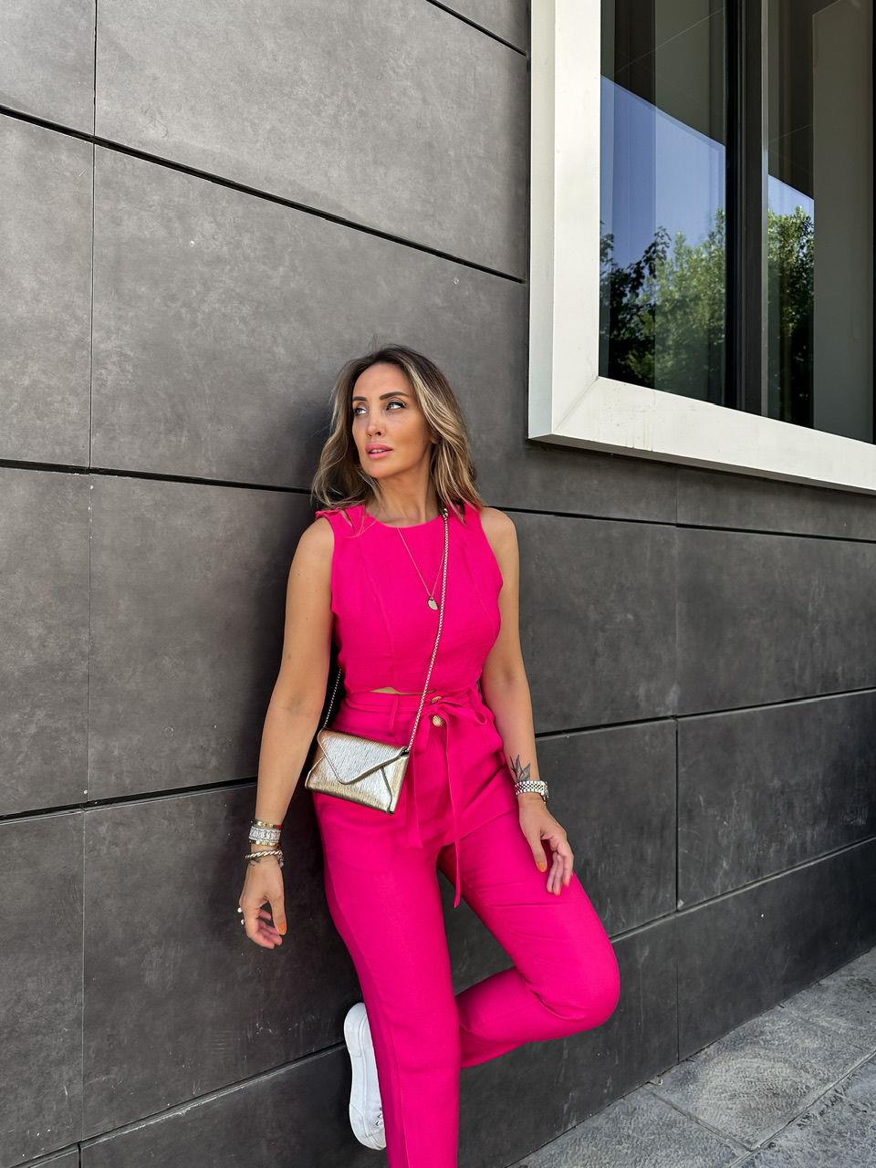 Pembe Gold Düğmeli Beli Kuşaklı Takım