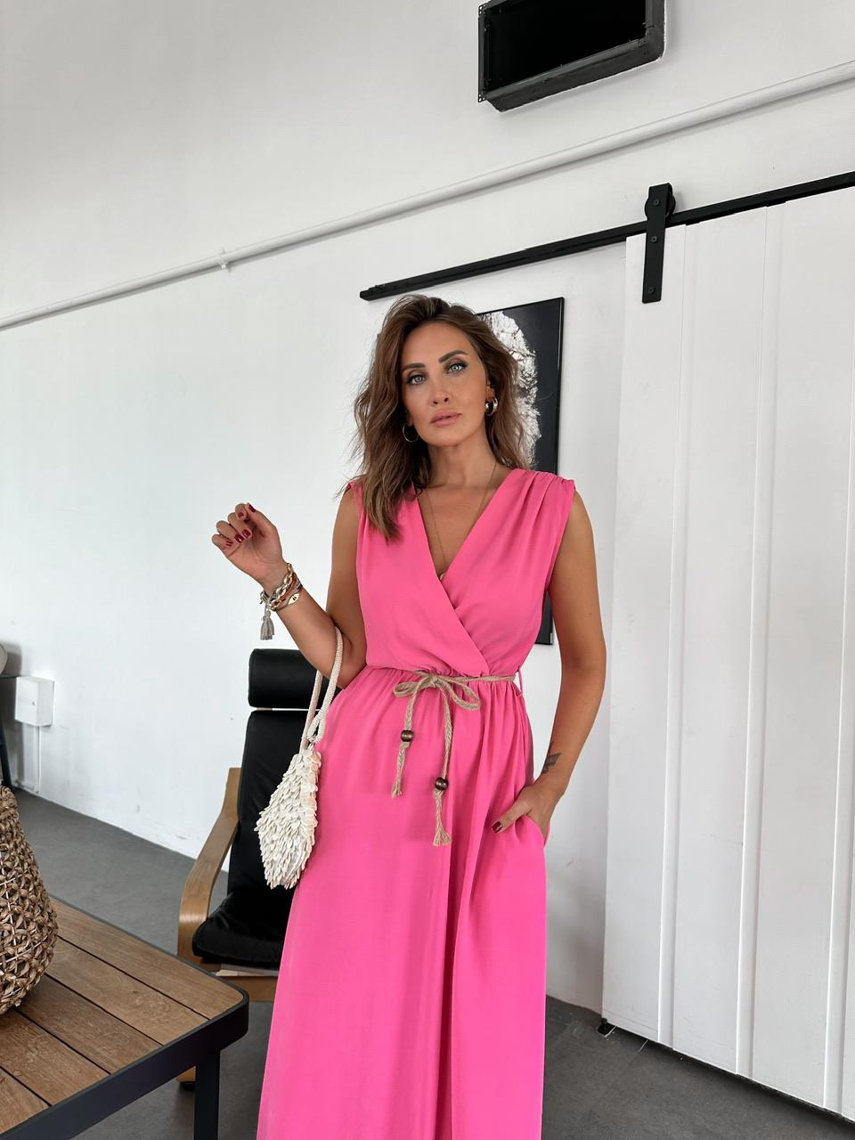 Pembe Halat Kemerli Kruvaze Elbise