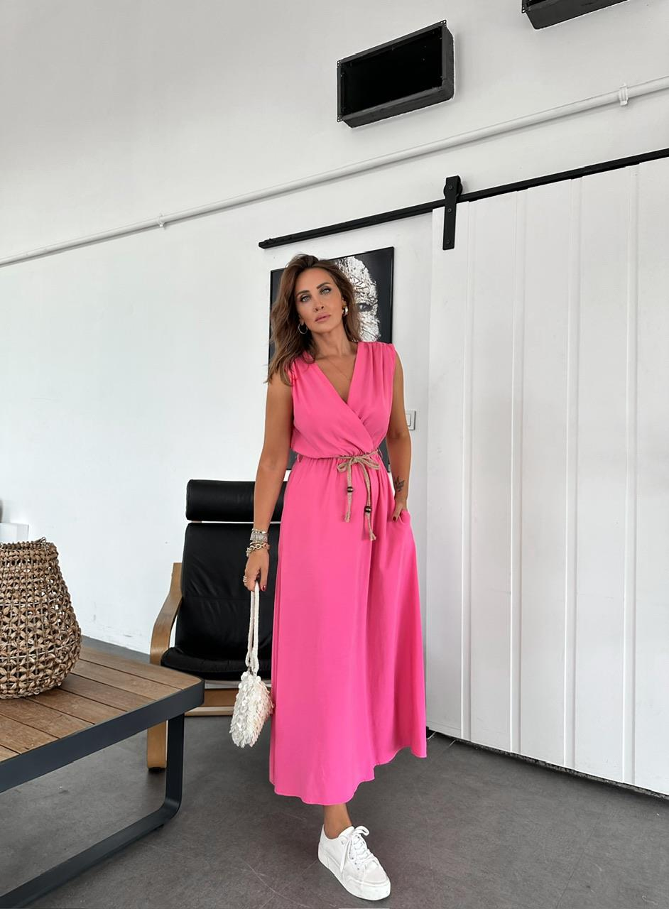 Pembe Halat Kemerli Kruvaze Elbise