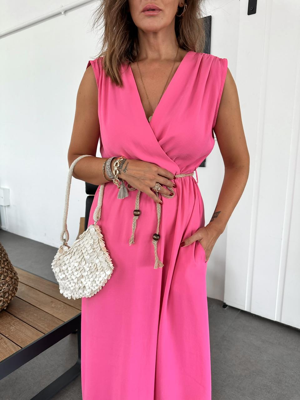 Pembe Halat Kemerli Kruvaze Elbise
