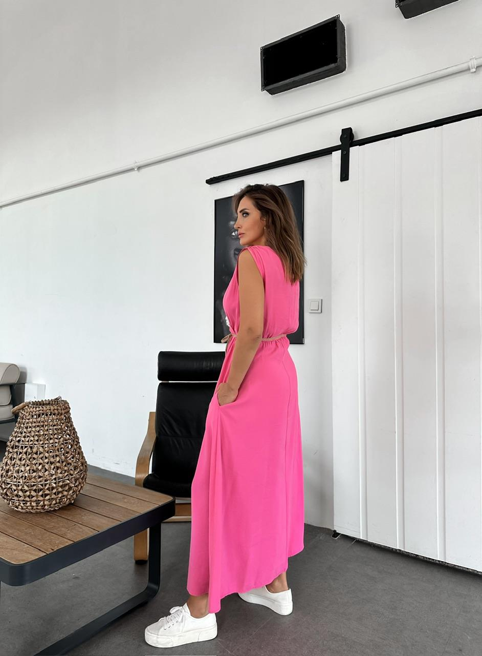 Pembe Halat Kemerli Kruvaze Elbise