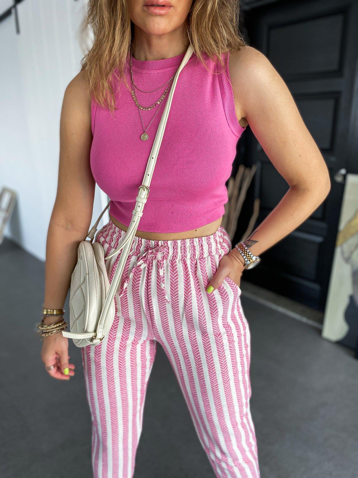 Pembe Halter Yaka Triko Crop