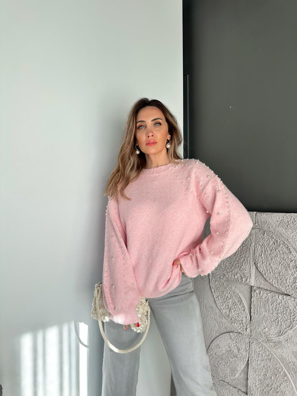 Pembe İncili Yumuşak Dokulu Kazak