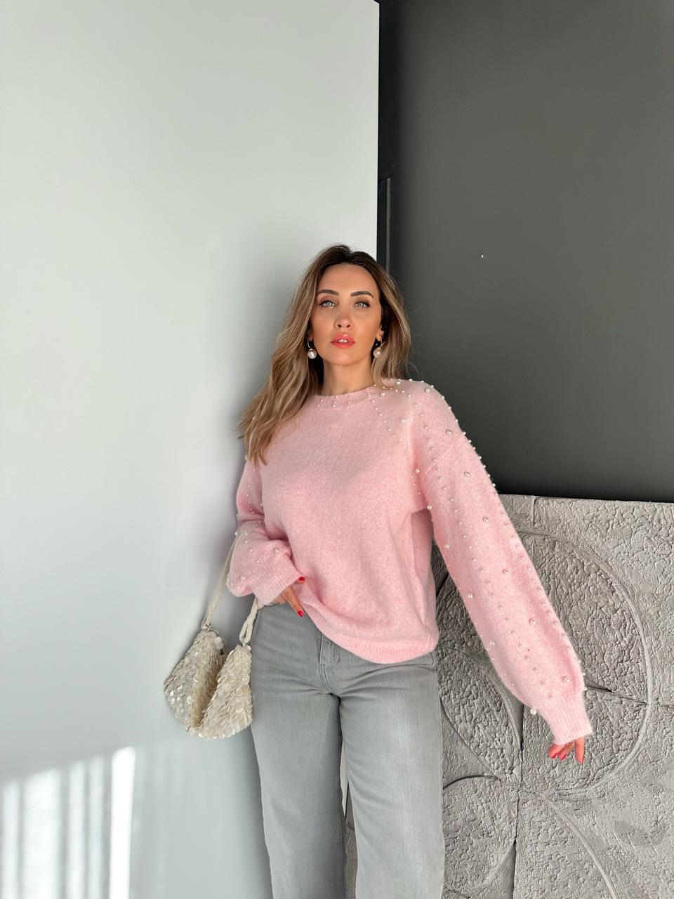 Pembe İncili Yumuşak Dokulu Kazak