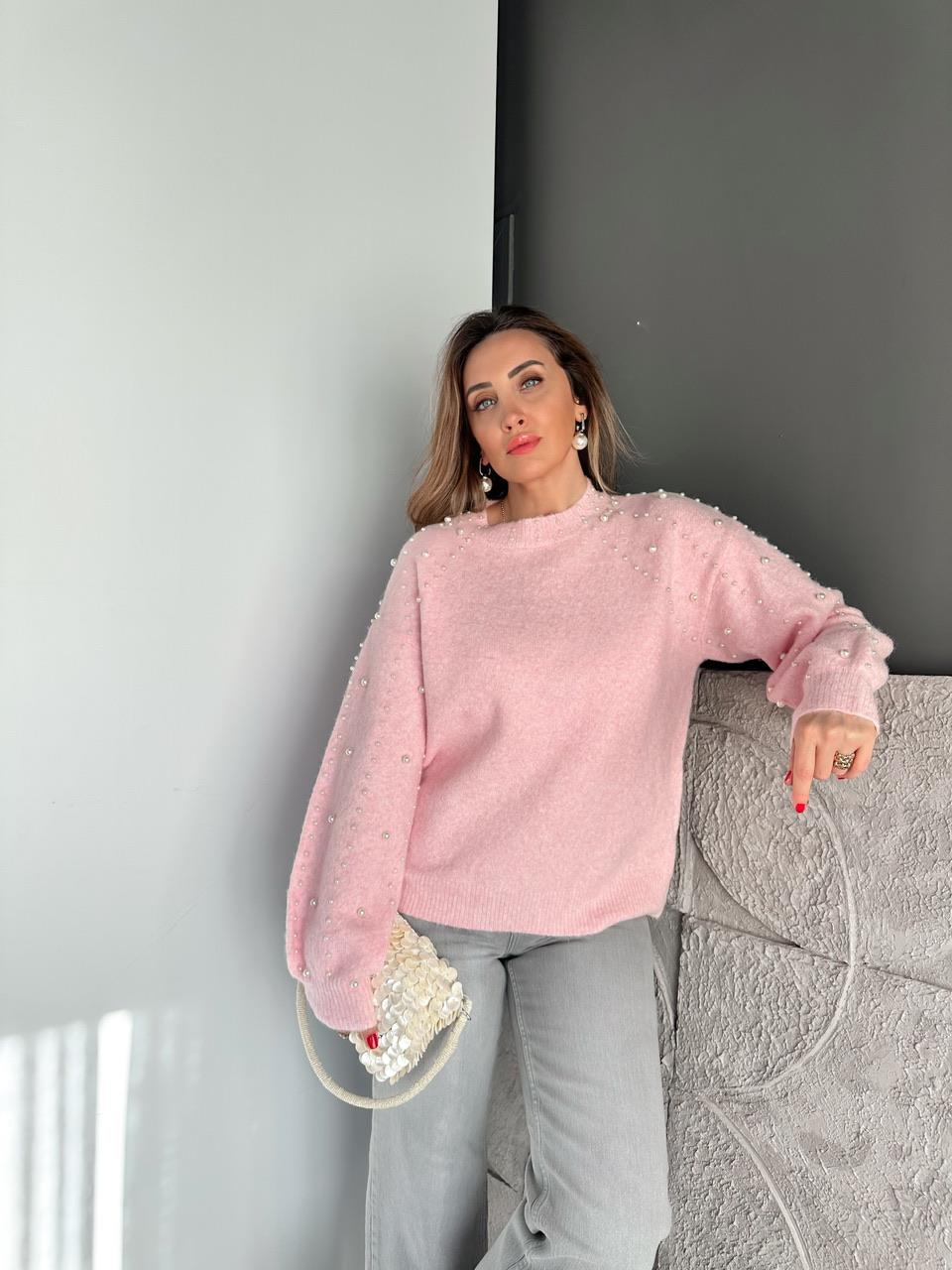 Pembe İncili Yumuşak Dokulu Kazak
