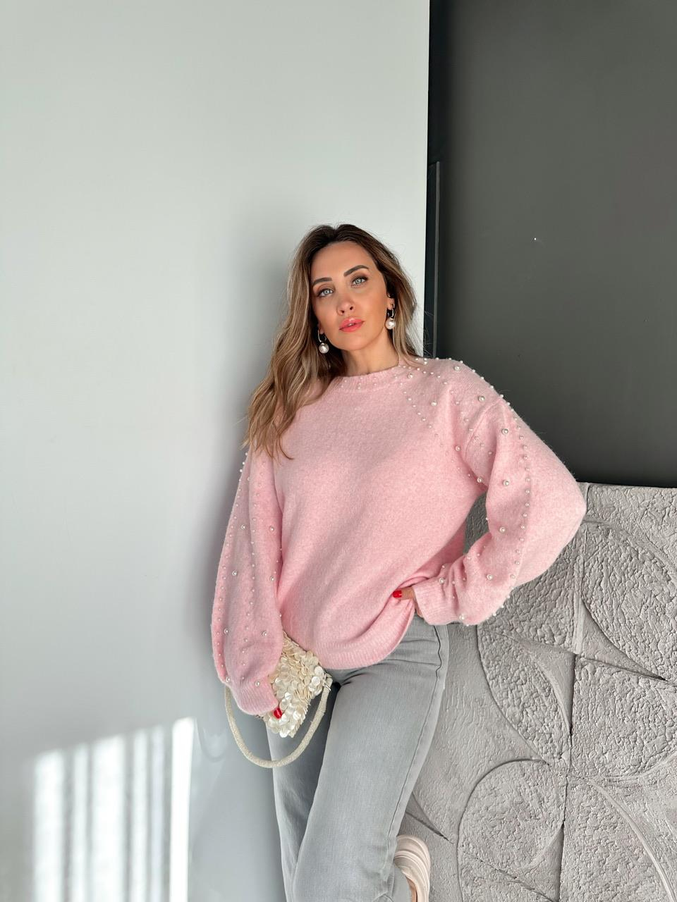 Pembe İncili Yumuşak Dokulu Kazak
