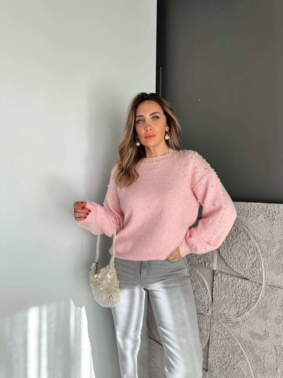 Pembe İncili Yumuşak Dokulu Kazak