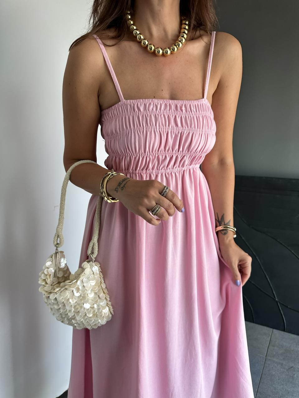 Pembe İp Askılı Gipeli Keten Elbise