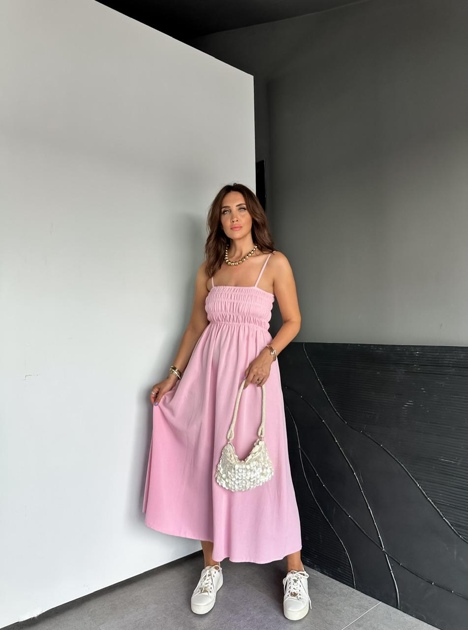Pembe İp Askılı Gipeli Keten Elbise