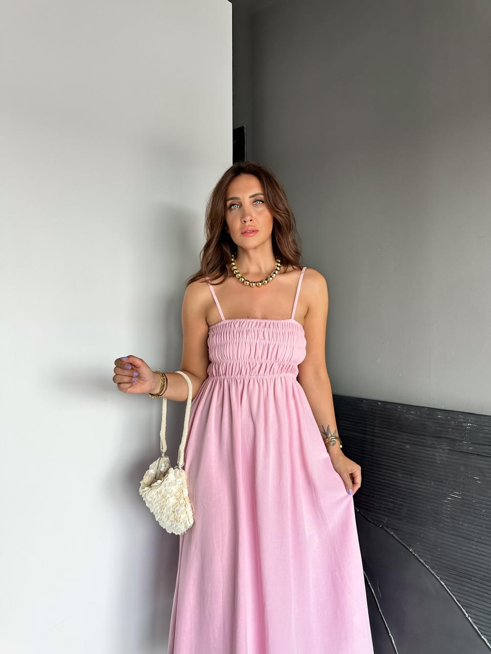 Pembe İp Askılı Gipeli Keten Elbise