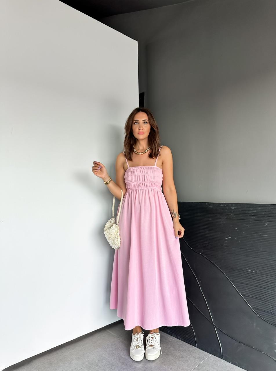Pembe İp Askılı Gipeli Keten Elbise