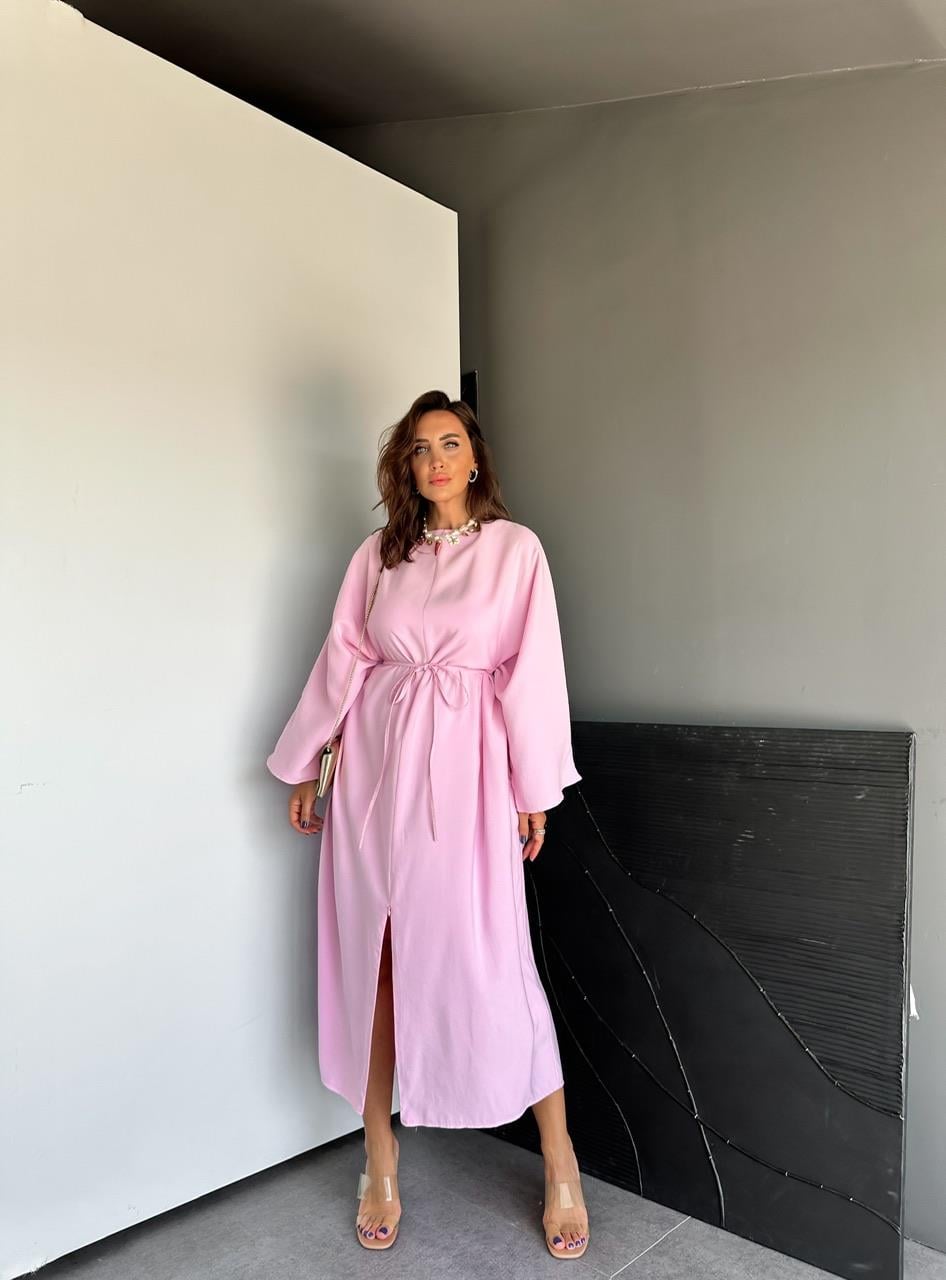 Pembe İpli Yırtmaçlı Fermuarlı Elbise