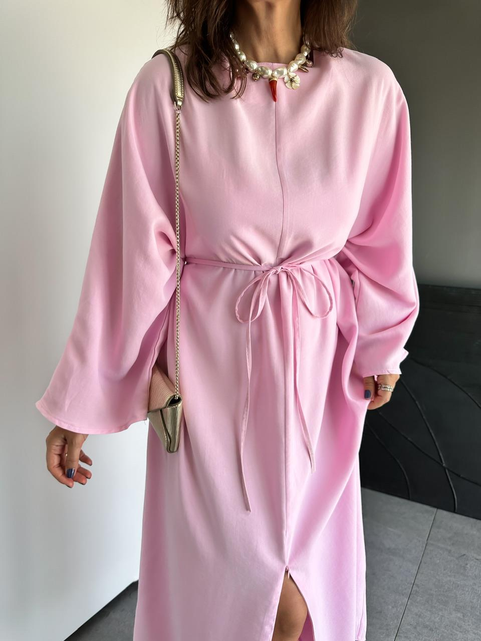 Pembe İpli Yırtmaçlı Fermuarlı Elbise