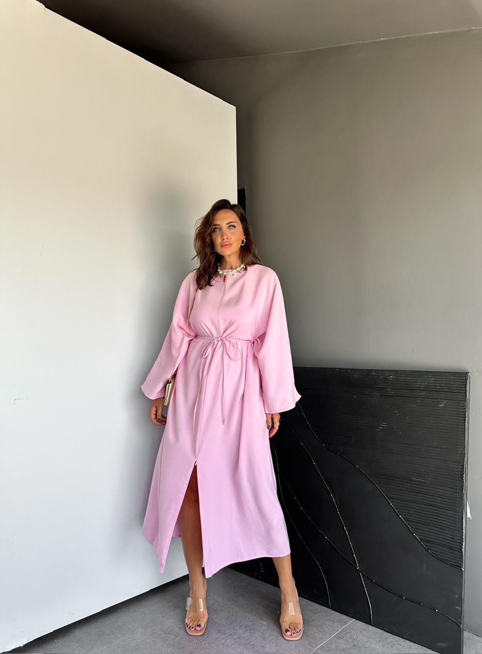 Pembe İpli Yırtmaçlı Fermuarlı Elbise