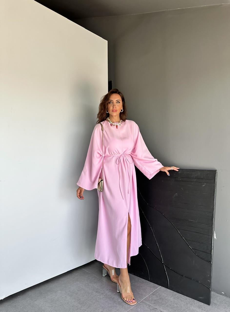 Pembe İpli Yırtmaçlı Fermuarlı Elbise