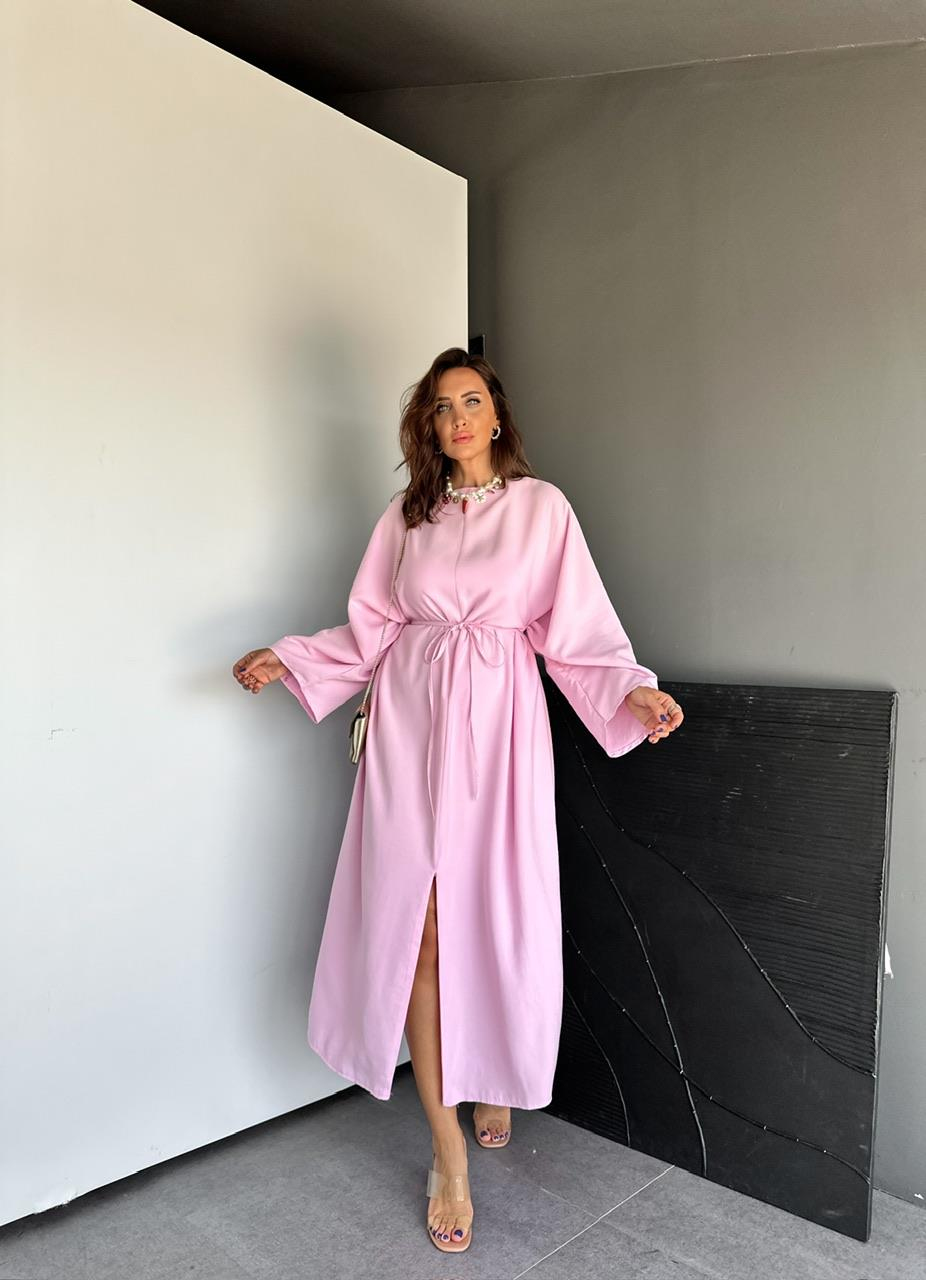 Pembe İpli Yırtmaçlı Fermuarlı Elbise