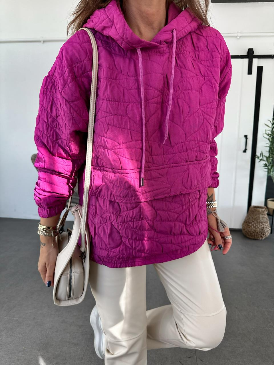 Pembe Kapitone Kapşonlu Sweatshirt