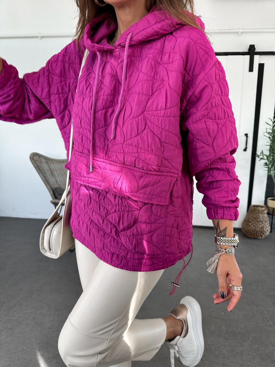 Pembe Kapitone Kapşonlu Sweatshirt