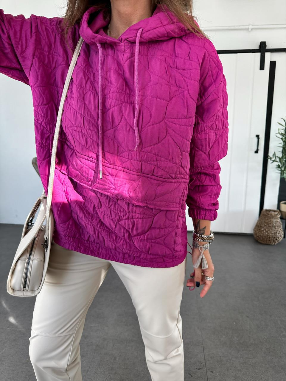 Pembe Kapitone Kapşonlu Sweatshirt