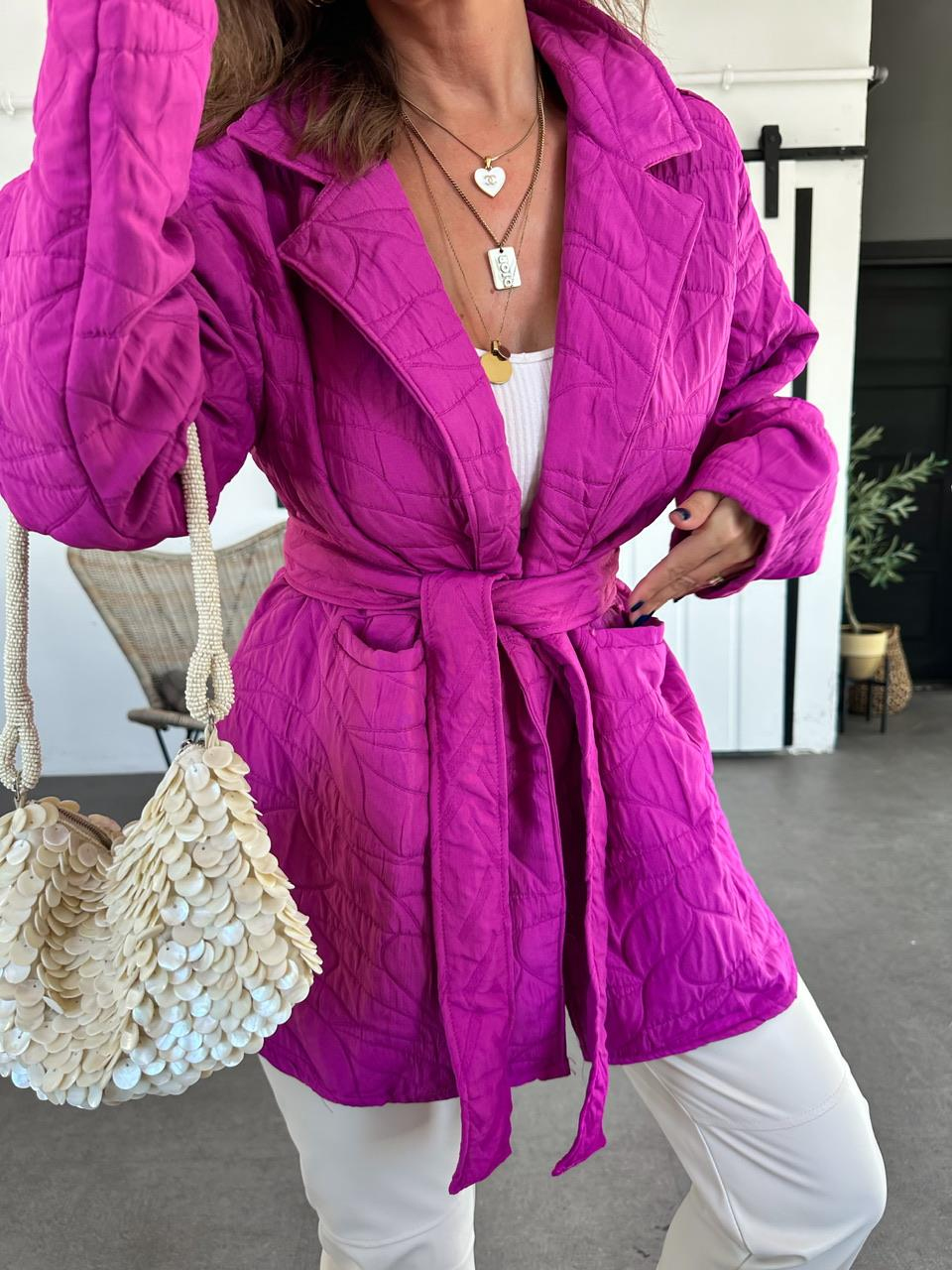 Pembe Kapitone Kuşaklı Ceket