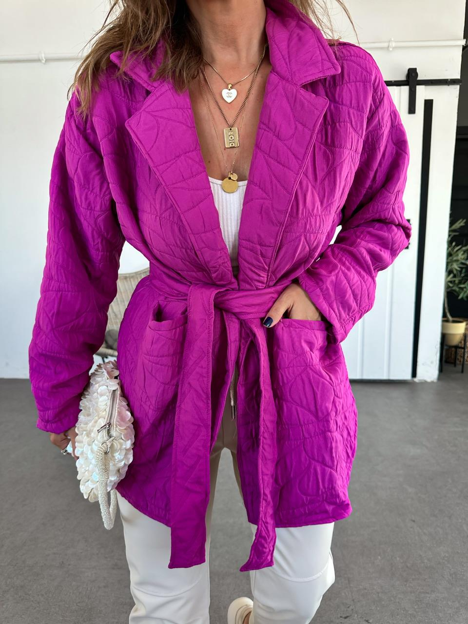 Pembe Kapitone Kuşaklı Ceket