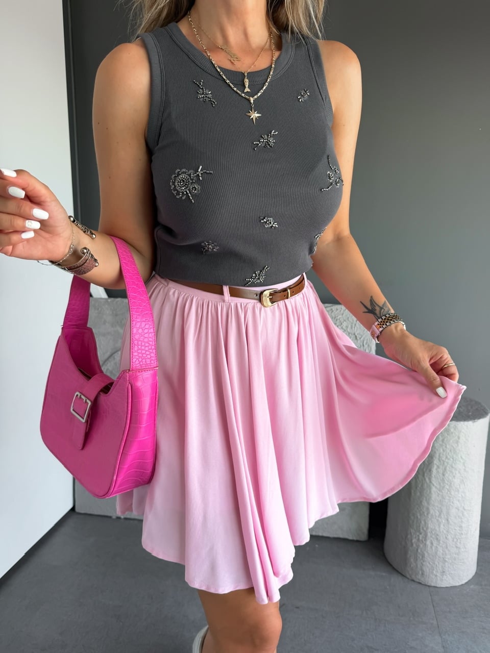Pembe Kemerli Beli Lastikli Şort Etek 