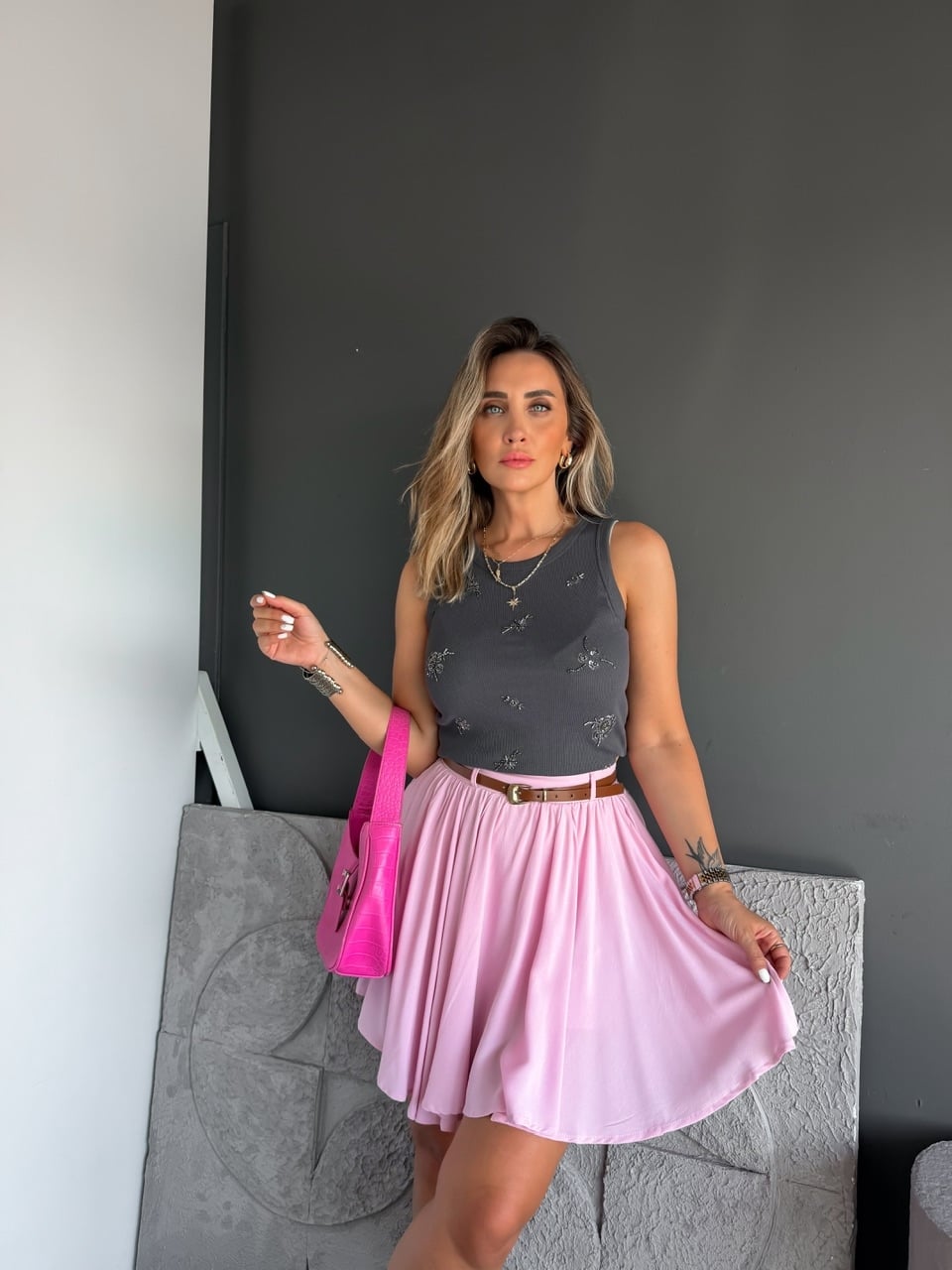 Pembe Kemerli Beli Lastikli Şort Etek 