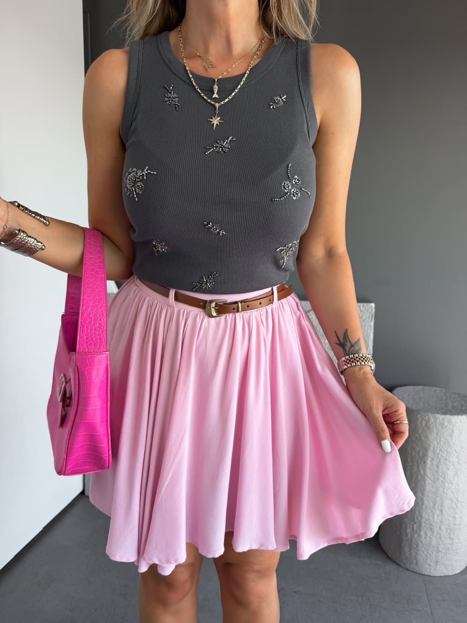 Pembe Kemerli Beli Lastikli Şort Etek 