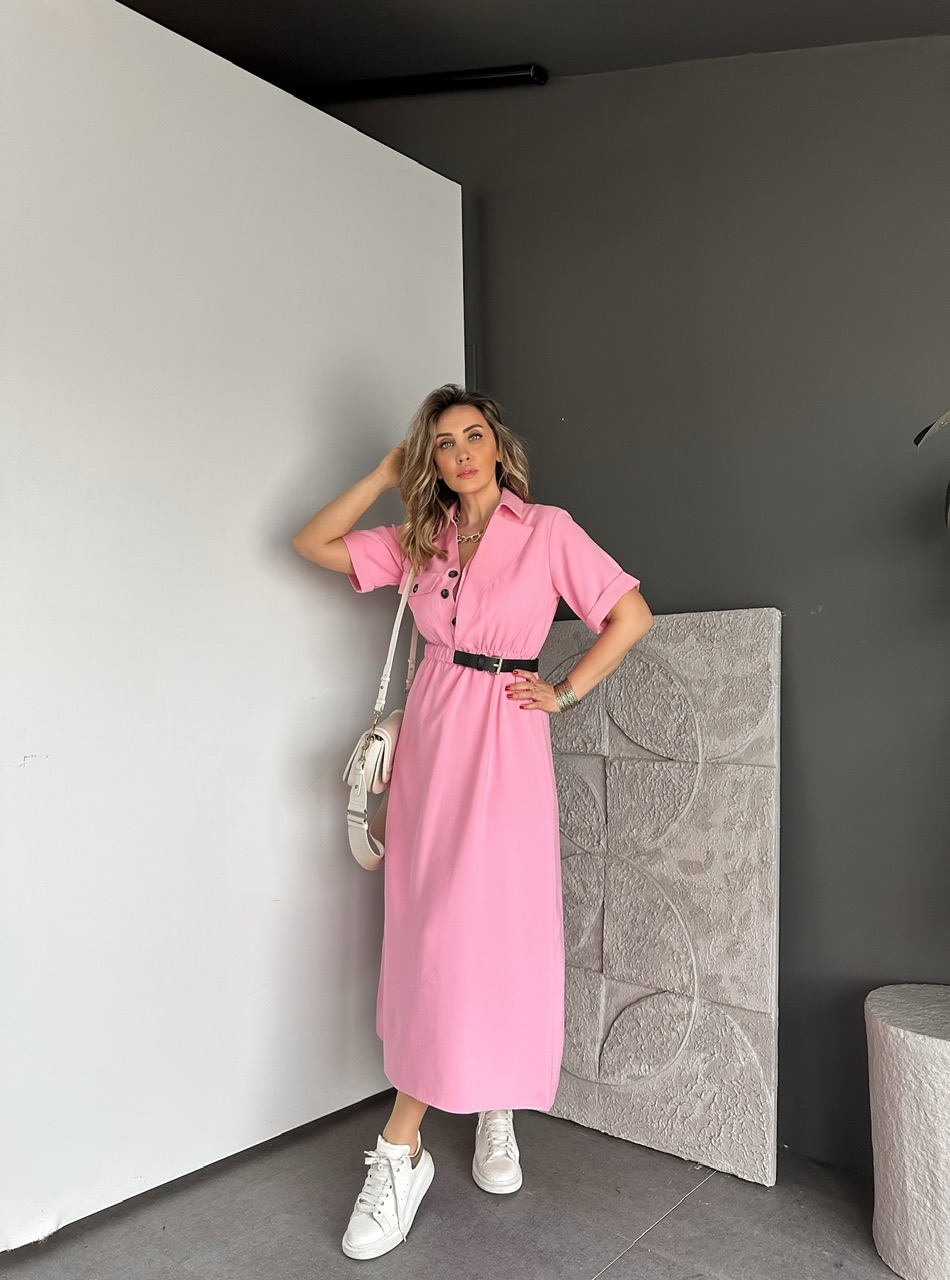 Pembe Kemerli Tek Cepli Tasarım Elbise