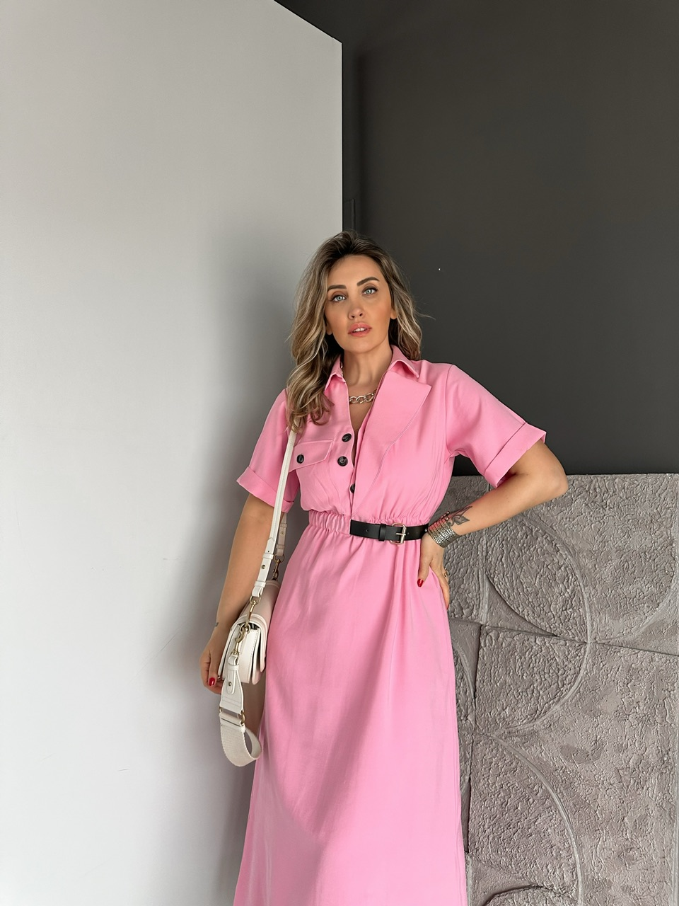 Pembe Kemerli Tek Cepli Tasarım Elbise