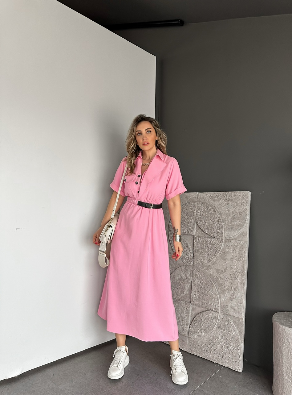 Pembe Kemerli Tek Cepli Tasarım Elbise