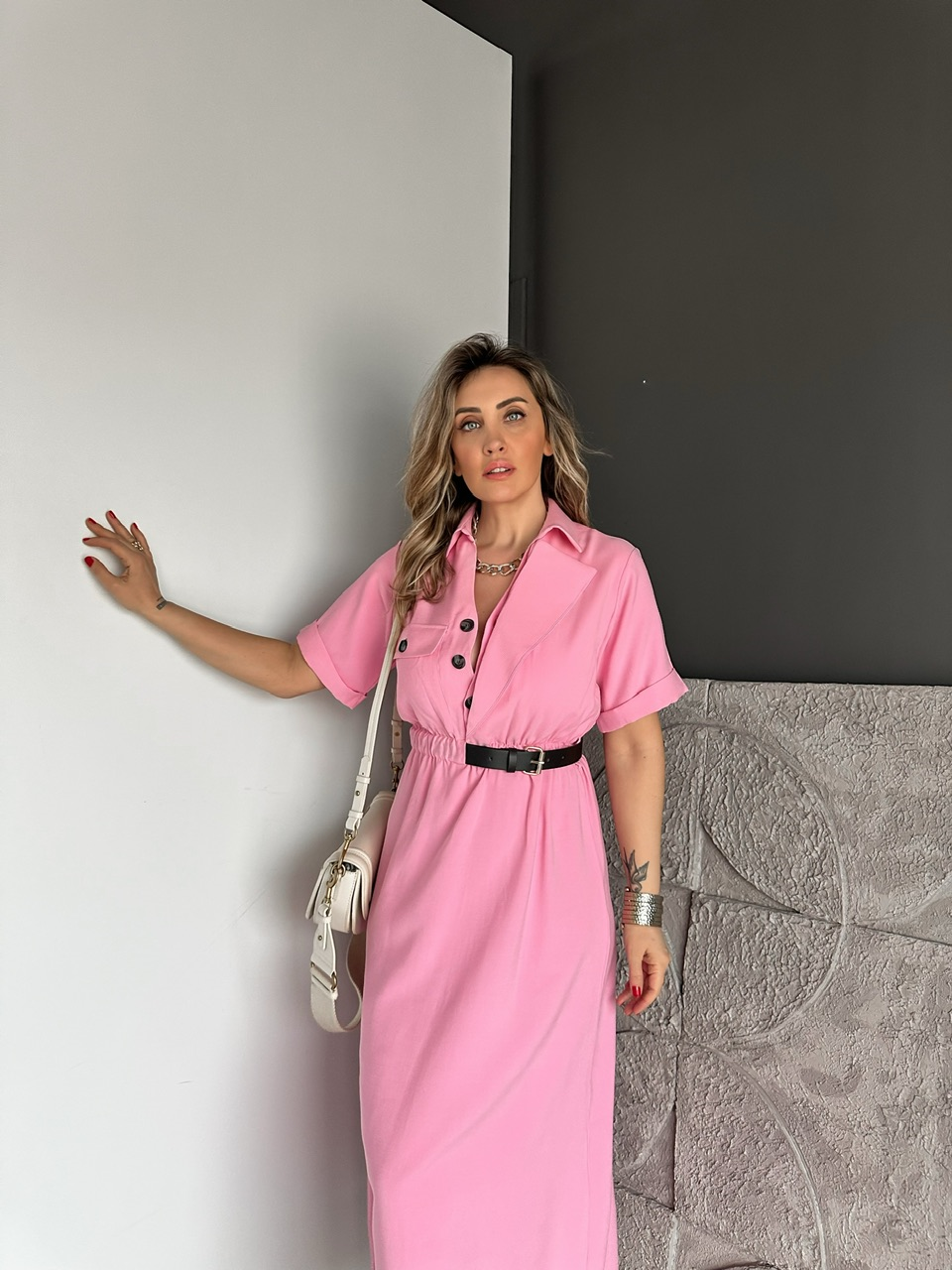 Pembe Kemerli Tek Cepli Tasarım Elbise
